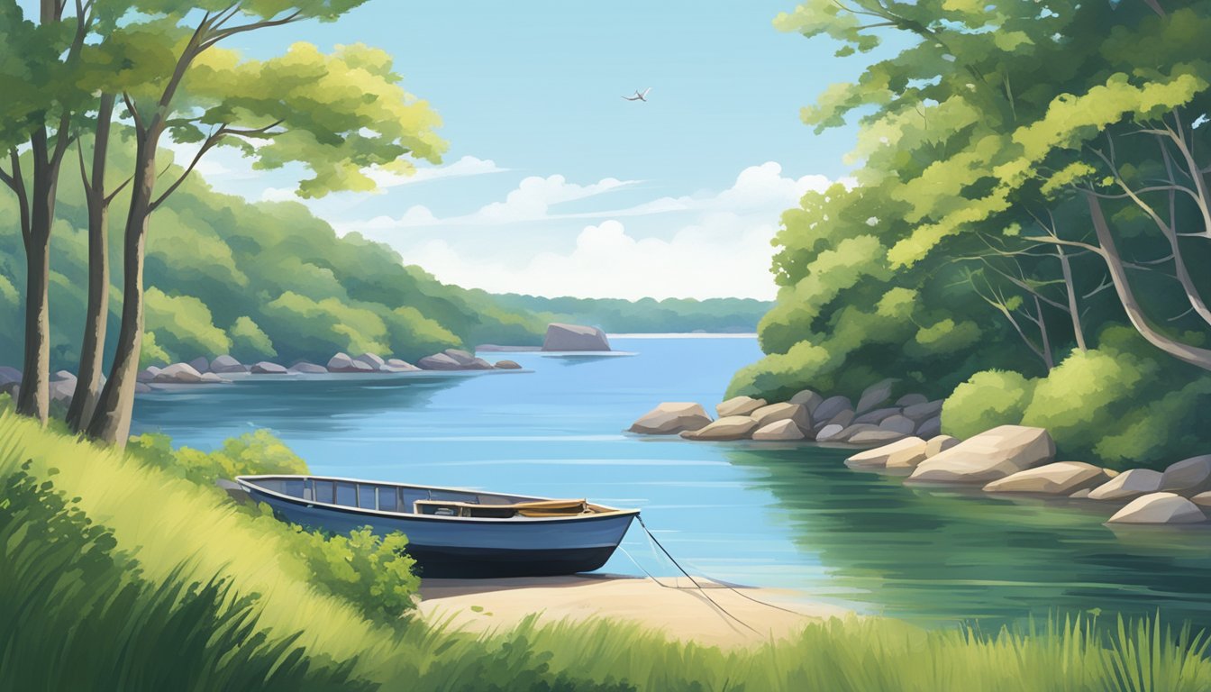 A serene coastal landscape in Rhode Island, with a small fishing boat on calm waters, surrounded by lush greenery and a clear blue sky