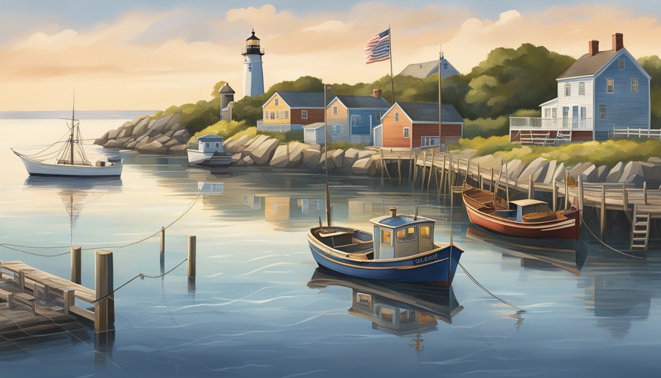 A serene coastal scene with traditional fishing boats, nets, and a lighthouse, capturing the importance of fishing in Rhode Island's local culture