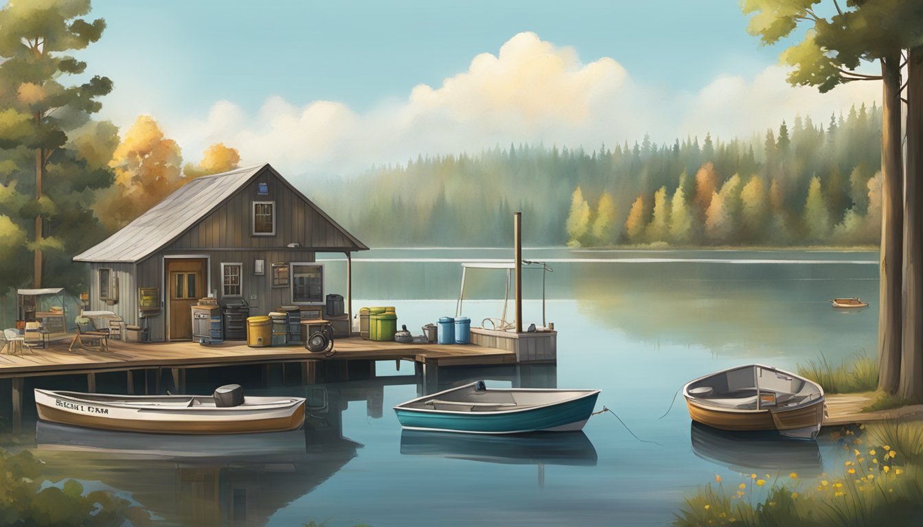 A serene lake with rental boats, fishing gear, and a dock with cleaning stations and bait shop