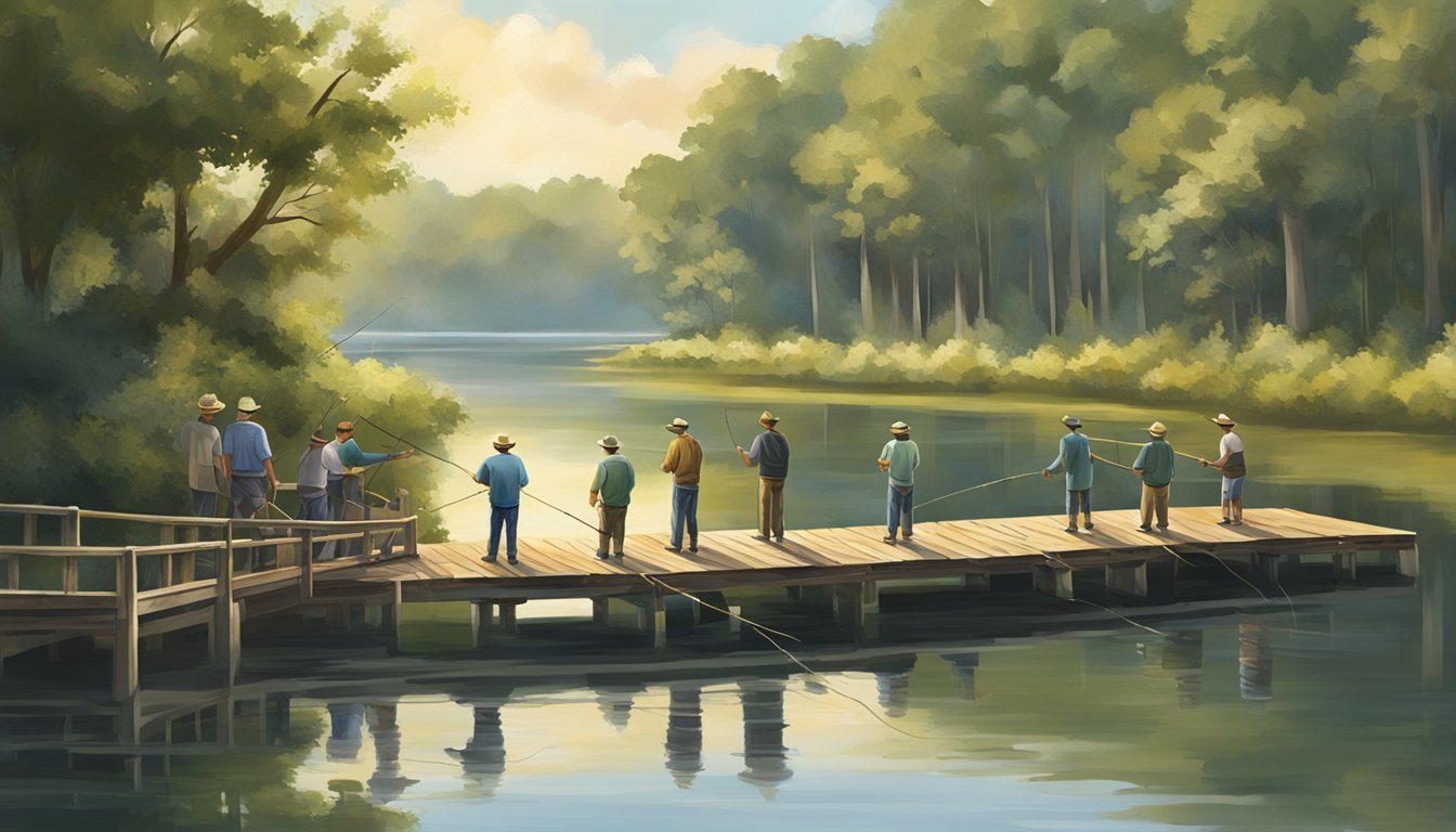 A group of fishermen casting lines from a wooden pier on a calm, sunlit river in South Carolina. Surrounding greenery and distant boats complete the tranquil scene