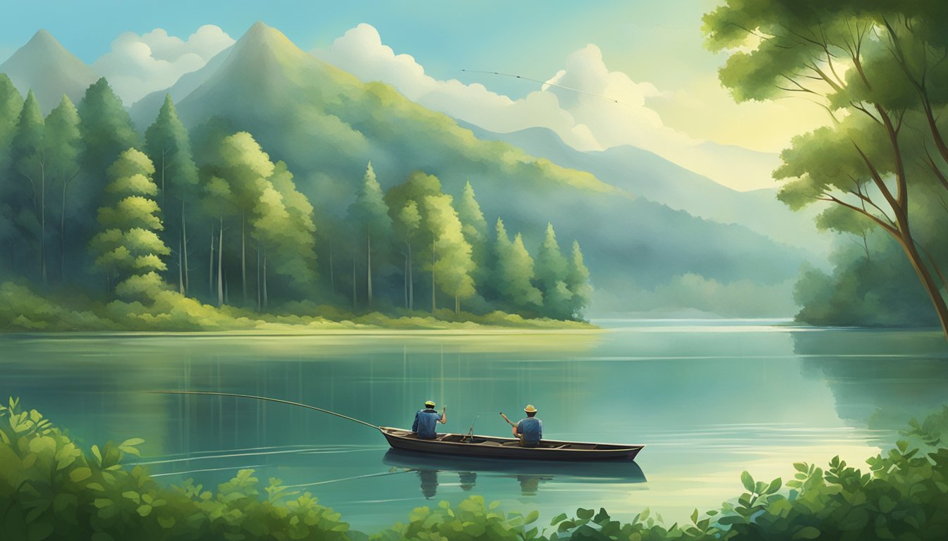 A serene lake surrounded by lush greenery, with a fishing boat and a couple of fishermen casting their lines into the calm water