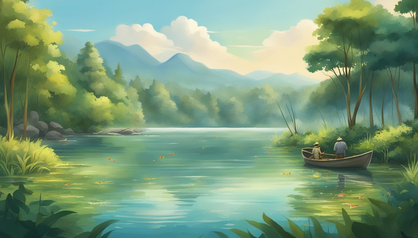 A tranquil lake surrounded by lush greenery, with a variety of fish species swimming in the clear water, and a few fishermen casting their lines from the shore