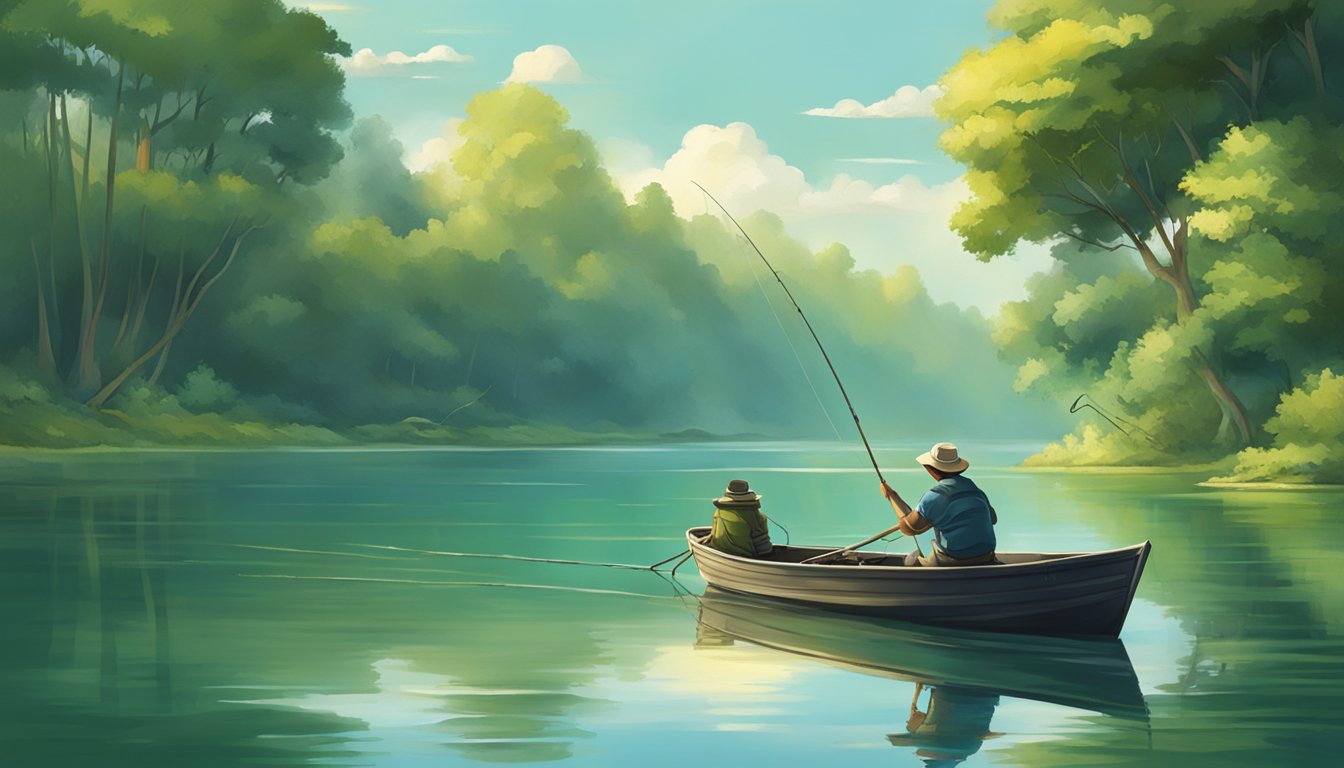 A serene lake surrounded by lush greenery, with a fishing boat and a fisherman casting a line into the calm water