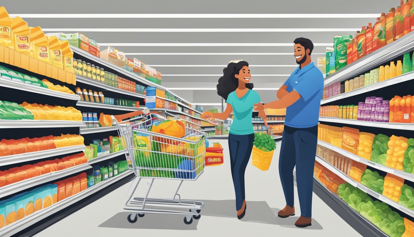 A smiling employee assists a shopper with a full cart in a clean, well-stocked aisle at ShopRite