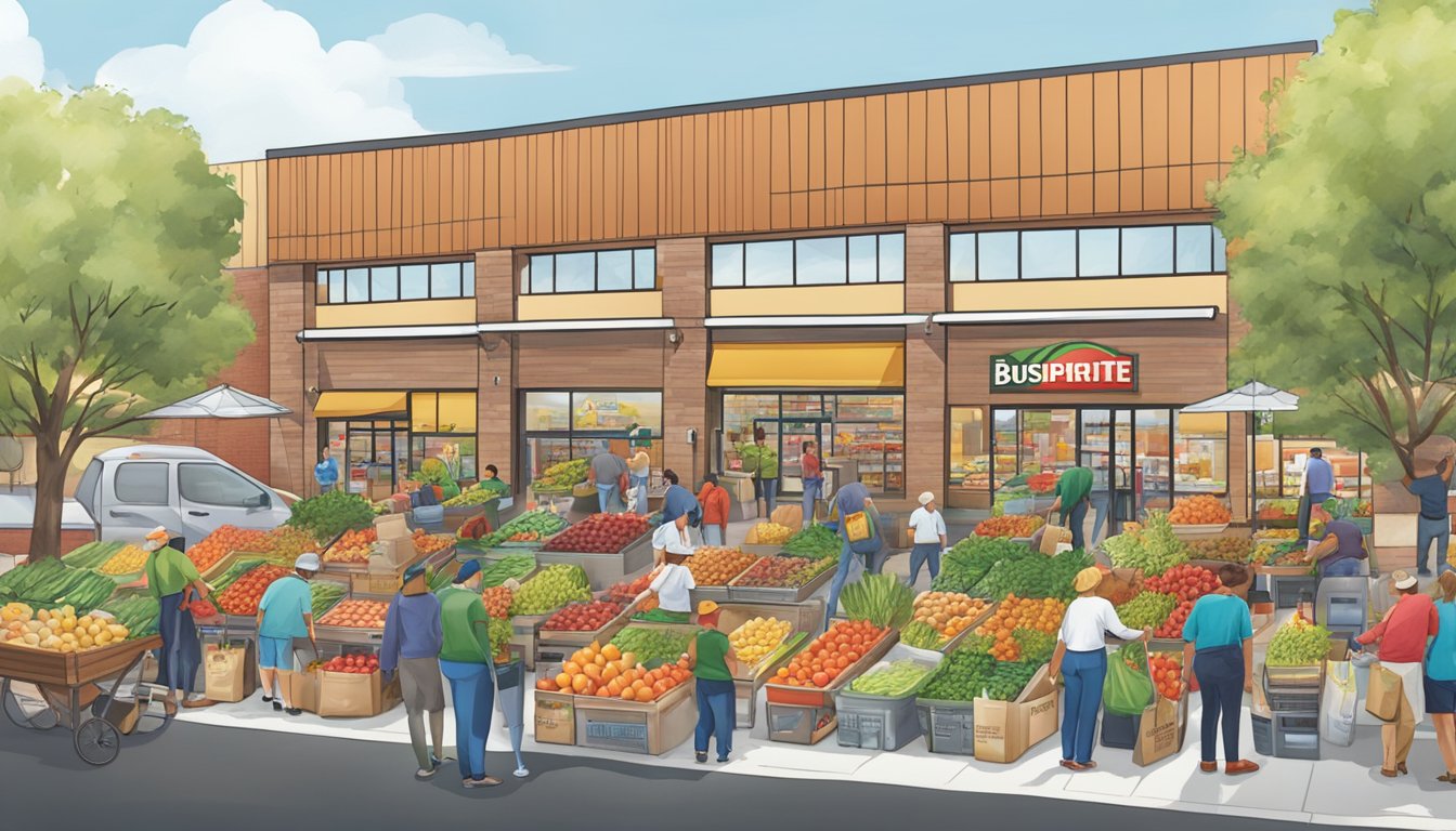 A bustling Shoprite store with a vibrant farmers market outside, customers using reusable bags, and employees participating in a community cleanup