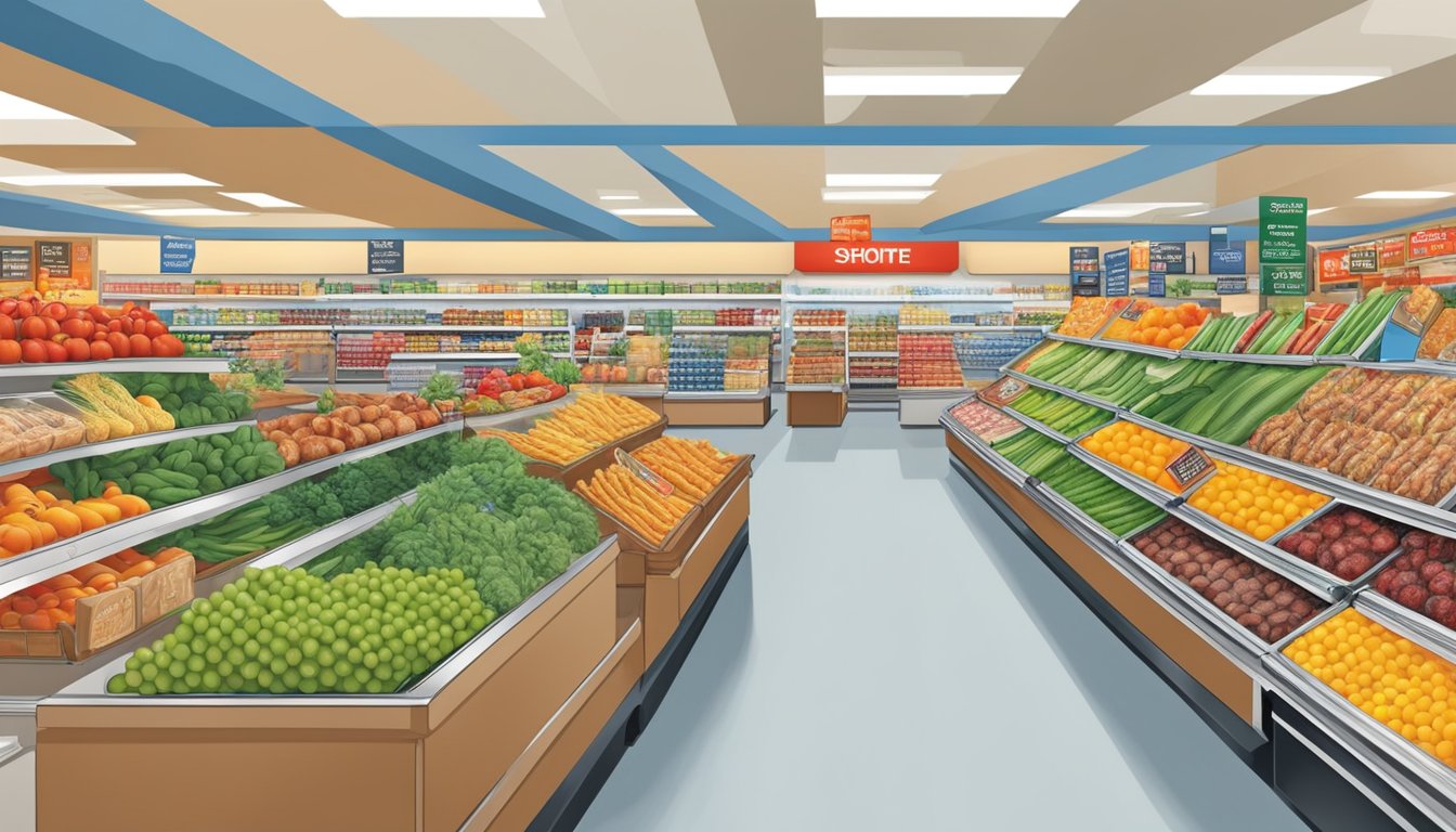 A bustling Shoprite store with bright, clean aisles and shelves stocked with a wide variety of fresh produce, meats, and packaged goods. Customers compare prices and quality with other retailers