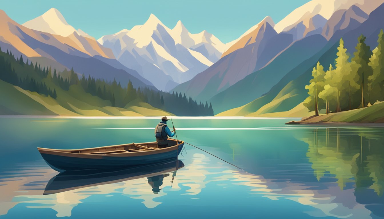 A serene lake surrounded by mountains, with a lone fishing boat in the water and a fisherman casting his line