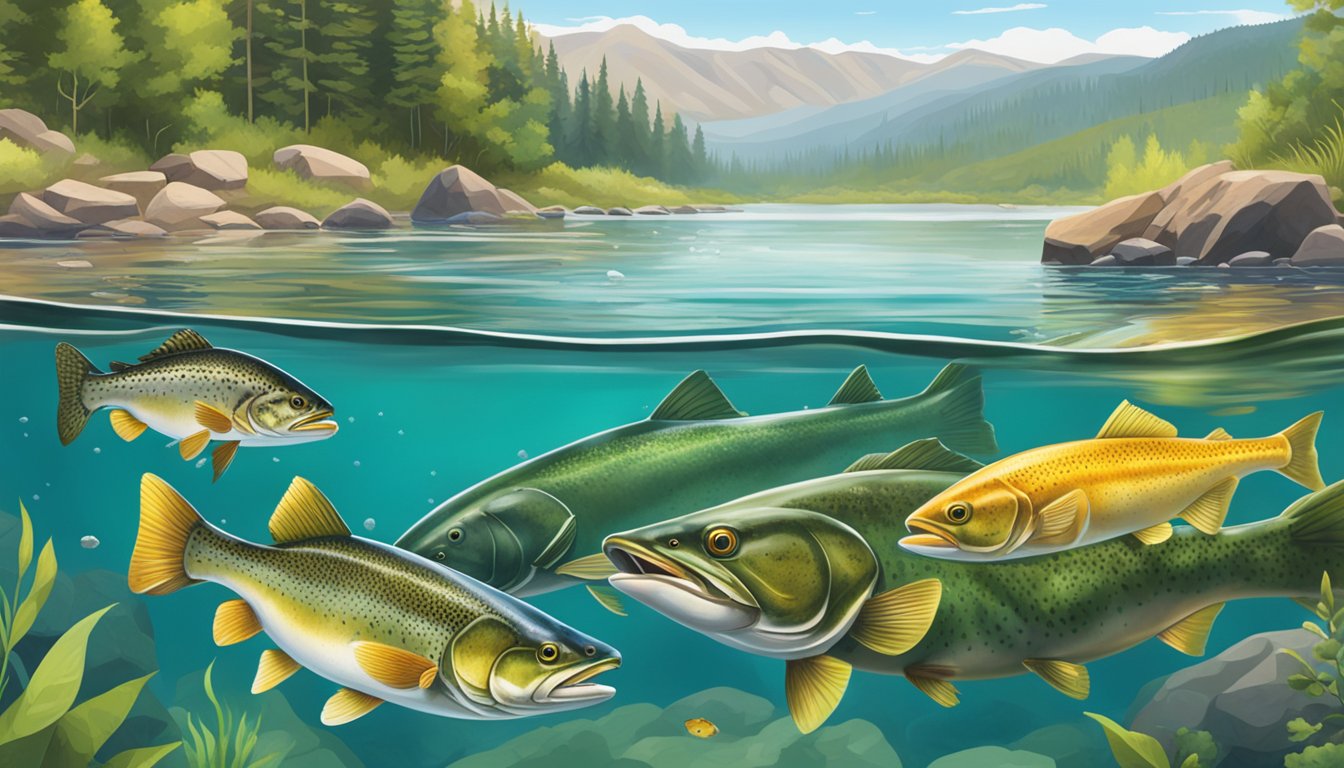 Various game fish, such as trout, bass, and catfish, swim in the clear waters of a serene Utah lake, surrounded by lush greenery and rocky cliffs