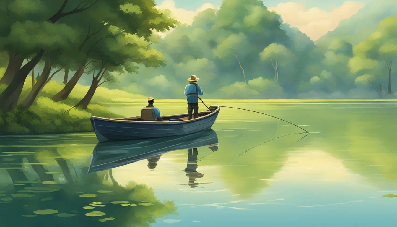 A serene lake surrounded by lush greenery with a fishing boat and a lone fisherman casting a line into the water