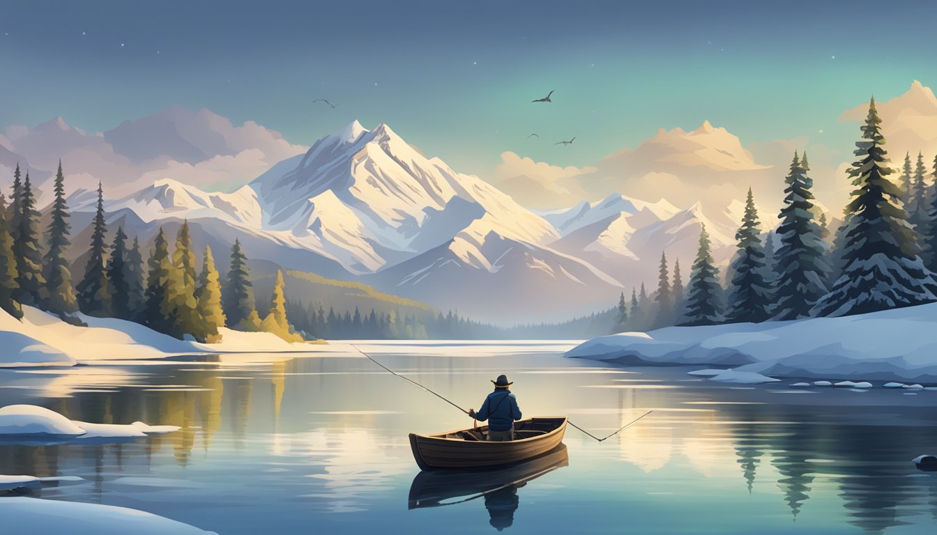 A serene lake surrounded by snow-capped mountains, with a lone fishing boat on the water and a fisherman casting his line