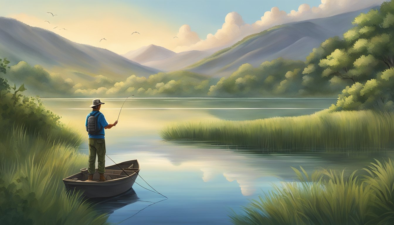 A lone fisherman casts a line into a tranquil Texas lake, surrounded by rolling hills and lush greenery