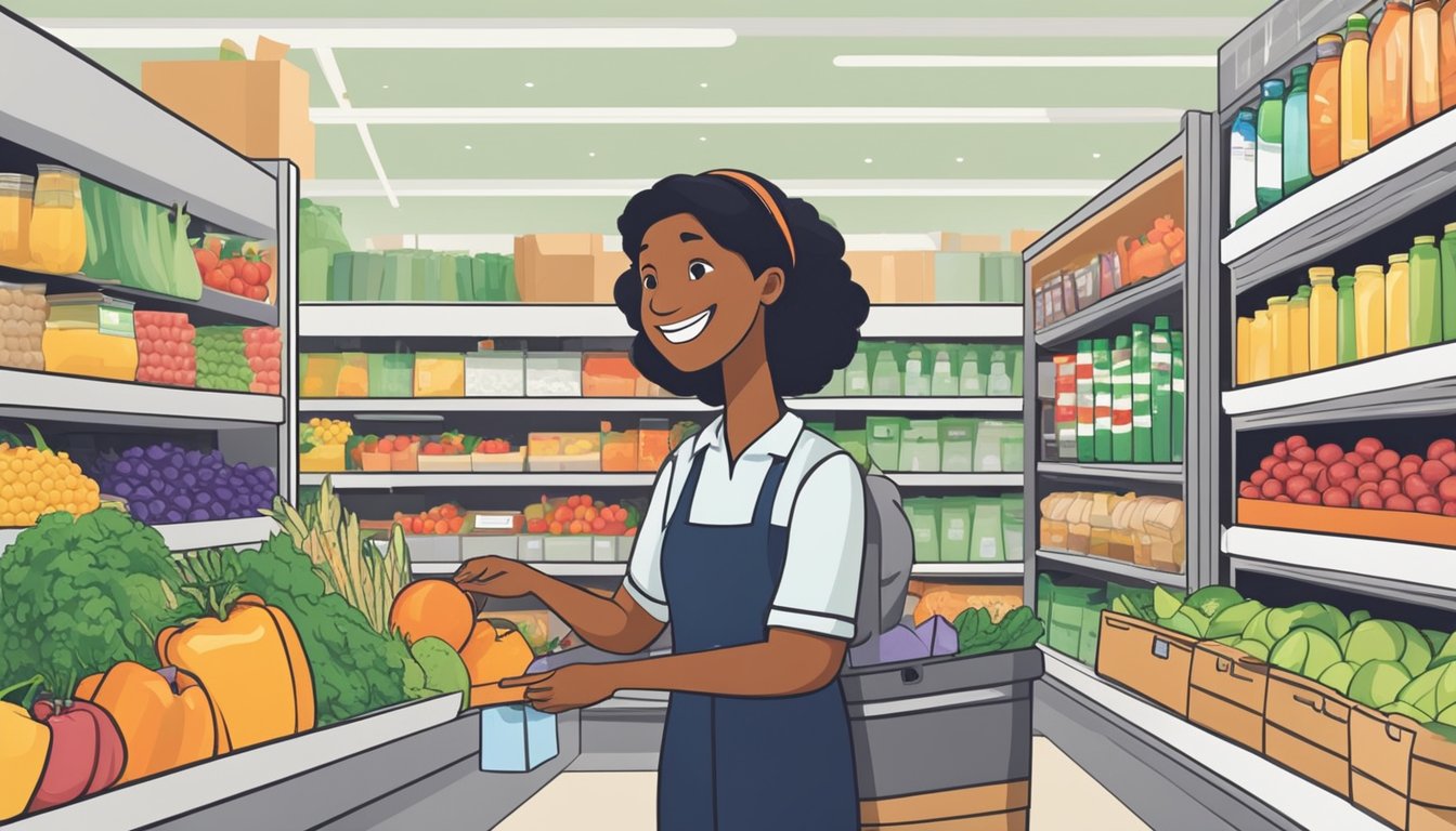 A smiling cashier helps a customer bag groceries while another employee restocks shelves with fresh produce. Customers browse aisles filled with unique products