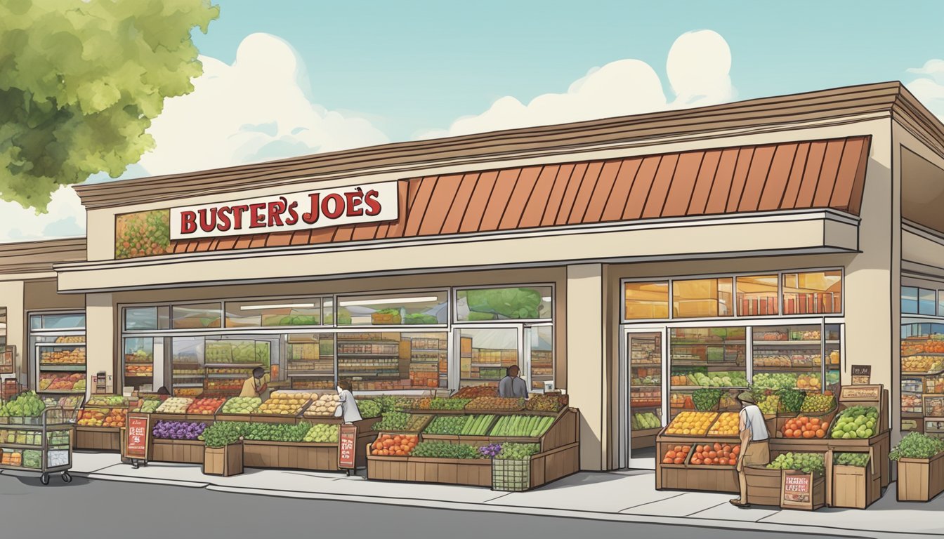 A bustling Trader Joe's store with eco-friendly signage, reusable shopping bags, and a display of locally sourced produce