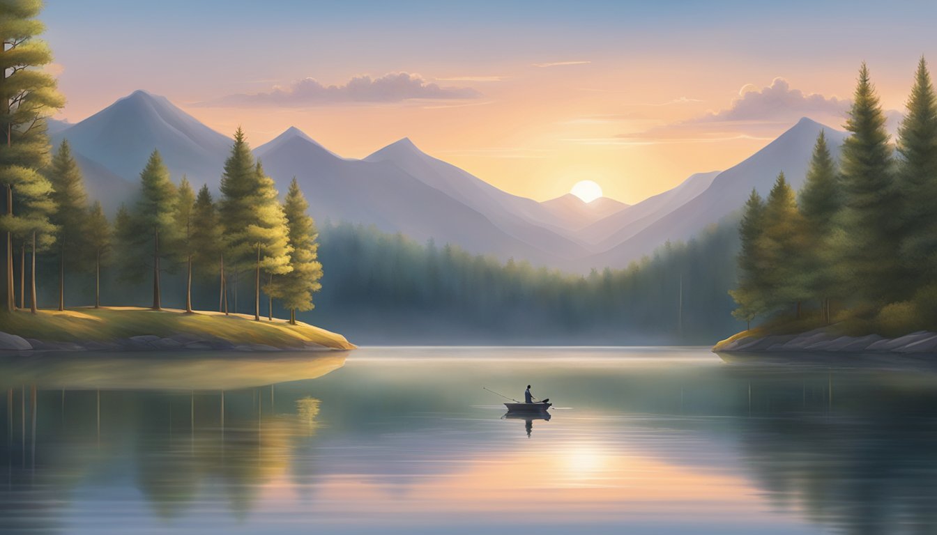 A serene lake at sunrise, with a lone fishing rod casting into the calm water. Surrounding trees and distant mountains create a peaceful Virginia backdrop