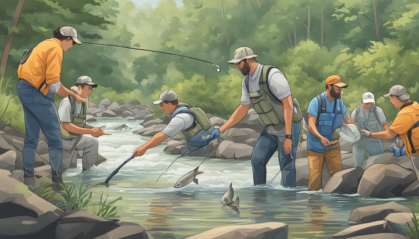 A group of conservationists releasing tagged fish into a river in Virginia