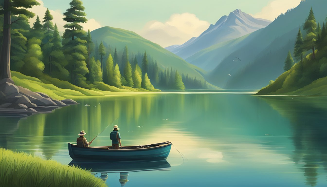 A serene lake surrounded by lush green mountains, with a lone fishing boat and a couple of fishermen casting their lines into the water