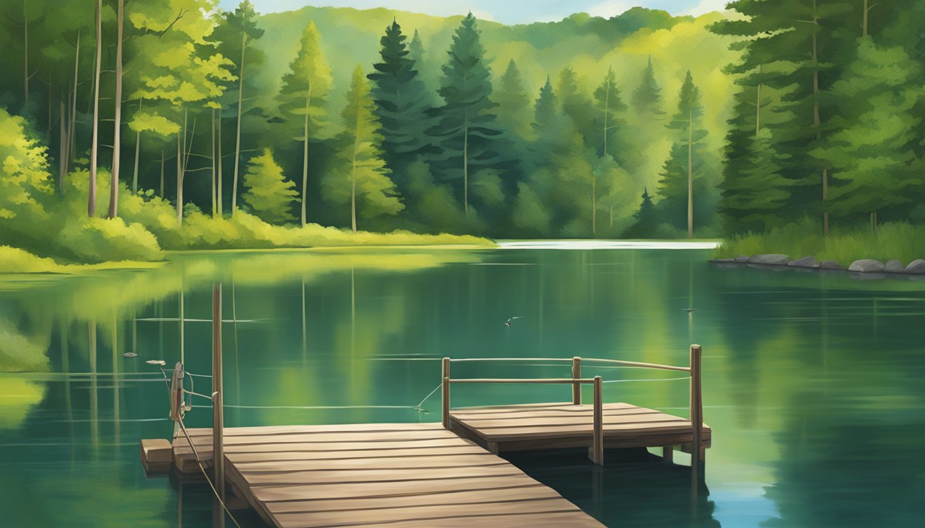 A serene lake in Vermont, with a fishing rod casting into the water from a wooden dock, surrounded by lush green trees