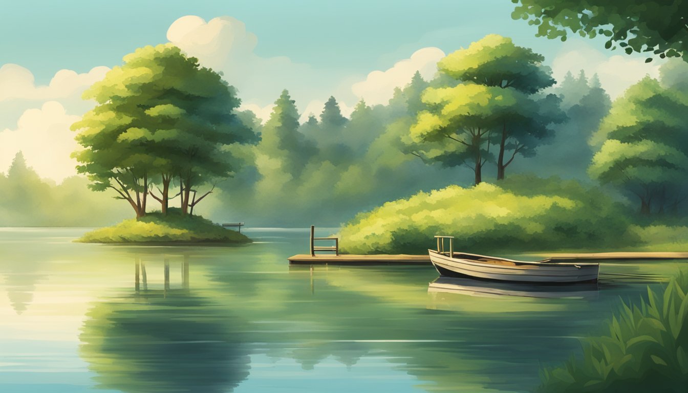 A serene lake surrounded by lush green trees, with a small wooden dock extending into the water, and a fishing boat bobbing gently in the distance