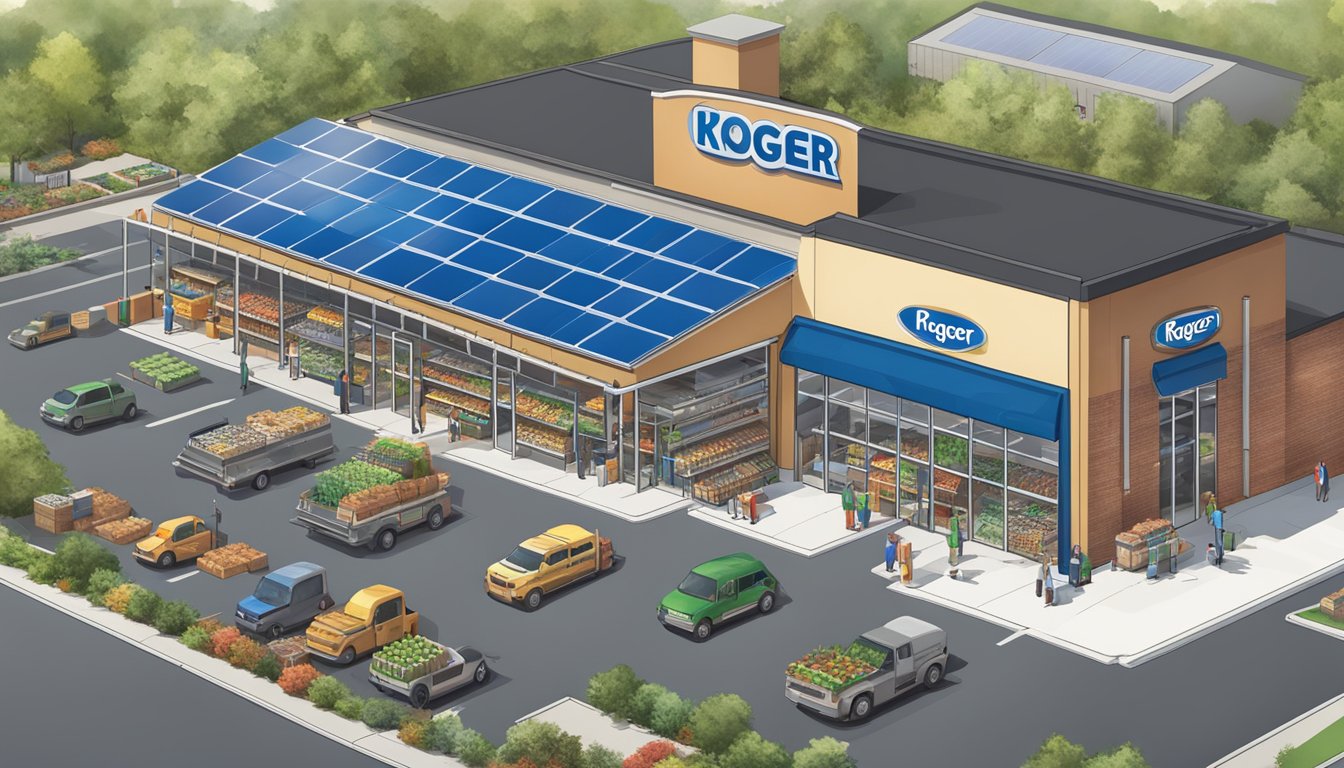 A bustling Kroger store with solar panels on the roof, recycling bins, and shelves stocked with organic, locally sourced products