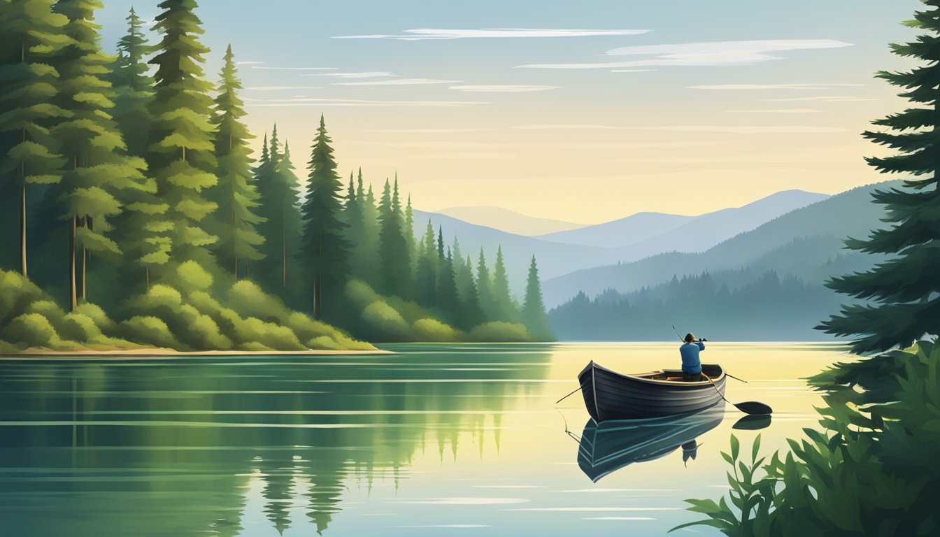 A serene lake surrounded by lush evergreen forests, with a lone fishing boat drifting on the calm water