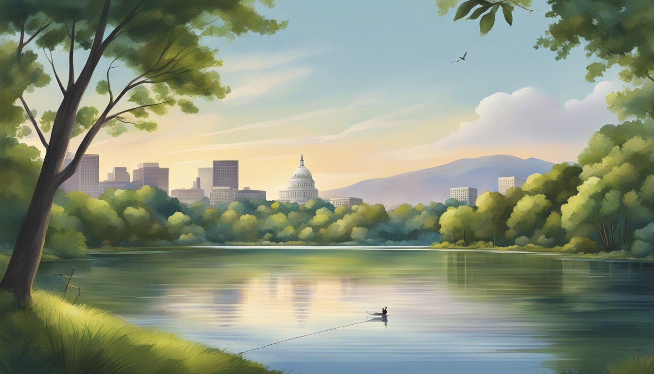 A serene lake in Washington DC, with a lone angler casting a line from the shore, surrounded by lush greenery and the city skyline in the distance