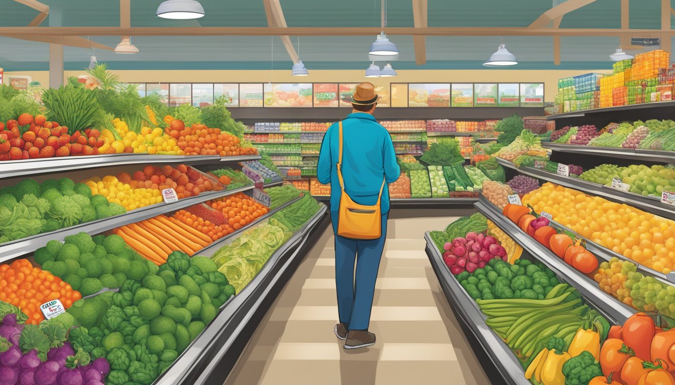 Customers browsing colorful aisles of fresh produce at Piggly Wiggly, where unique products and friendly service create the best grocery store experience