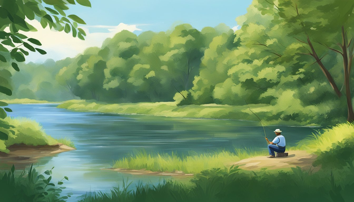 A serene riverbank with lush greenery, a clear blue sky, and a fisherman practicing catch-and-release fishing in Washington D.C