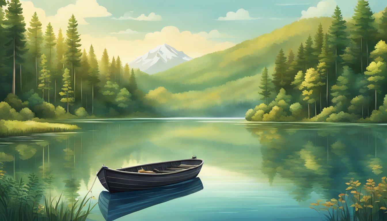 A serene lake surrounded by lush forests, with a fishing boat gently bobbing on the calm water, and a variety of wildlife present in the scene