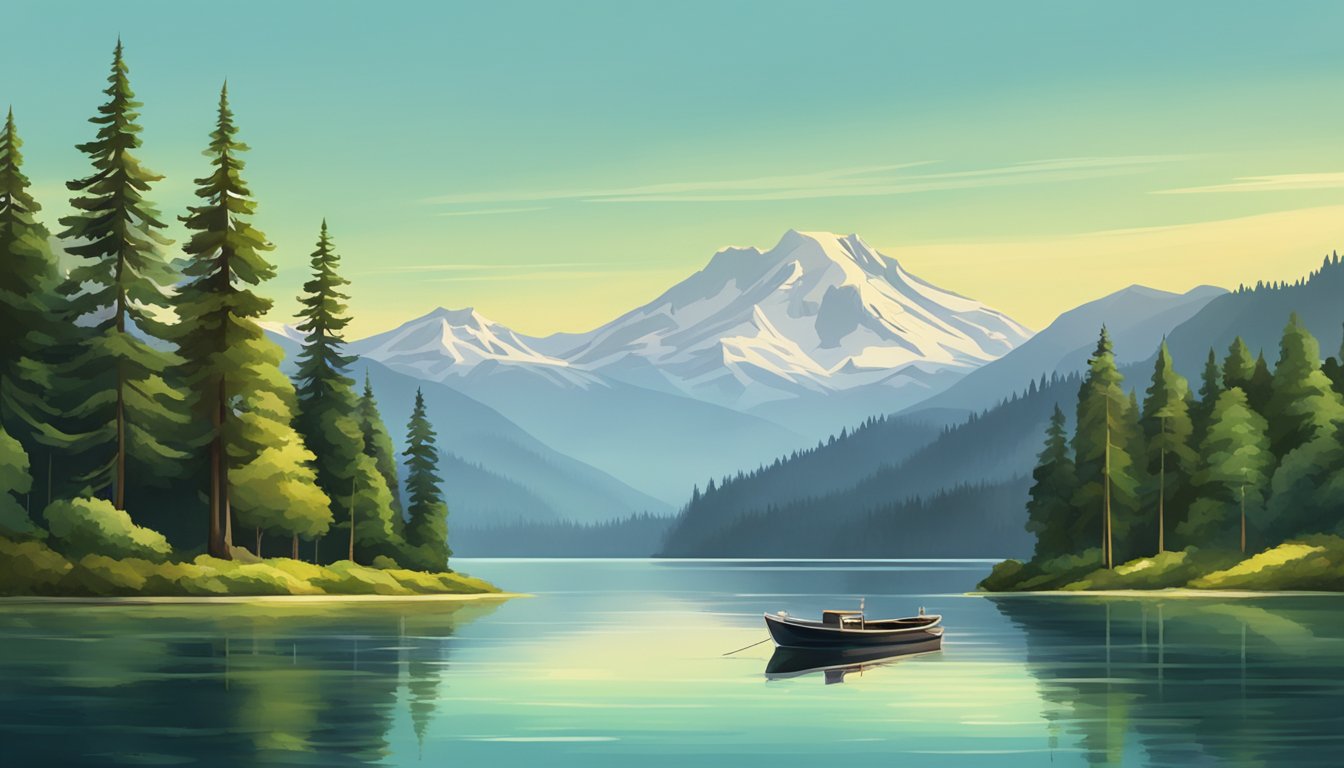 A serene lake surrounded by lush green trees, with a small fishing boat floating on the calm water, and the majestic mountains of Washington in the background