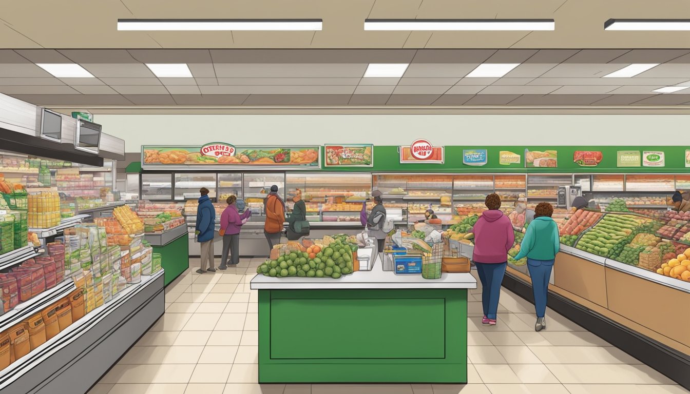 A bustling Piggly Wiggly store with a diverse selection of groceries and a line of customers at the checkout counter