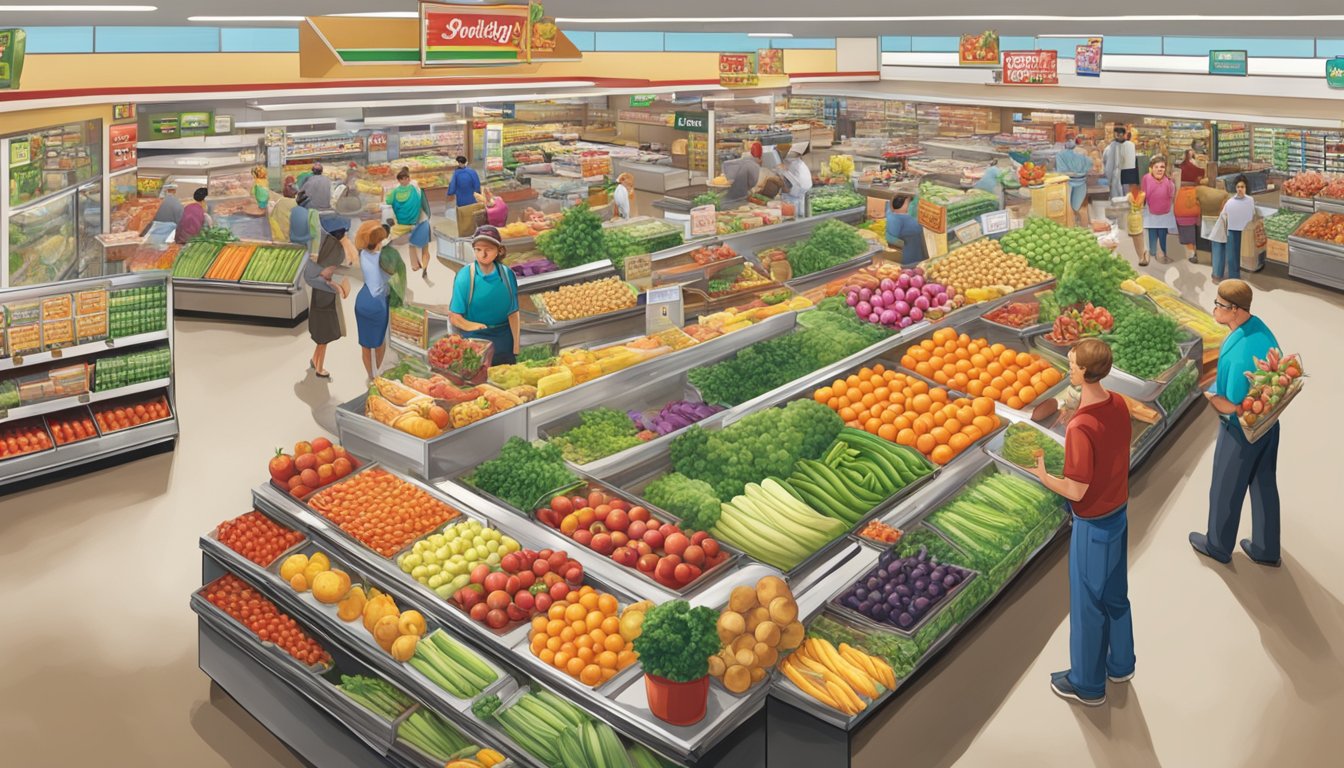 A bustling Piggly Wiggly store with vibrant signage and a colorful array of fresh produce, drawing in a stream of customers amidst a sea of competing grocery stores