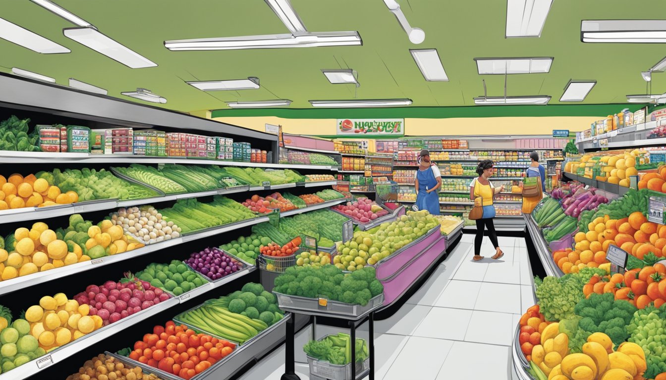 The bustling aisles of Piggly Wiggly, with colorful displays of fresh produce and neatly organized shelves stocked with a variety of products. Customers happily browsing and chatting with friendly staff