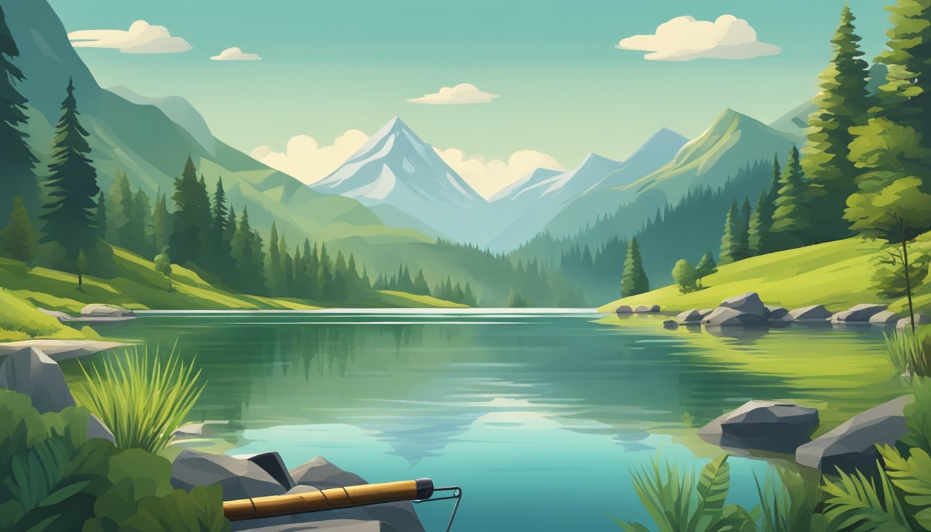 A serene lake surrounded by lush green mountains, with a fishing rod casting into the water and various tackle laid out on the shore