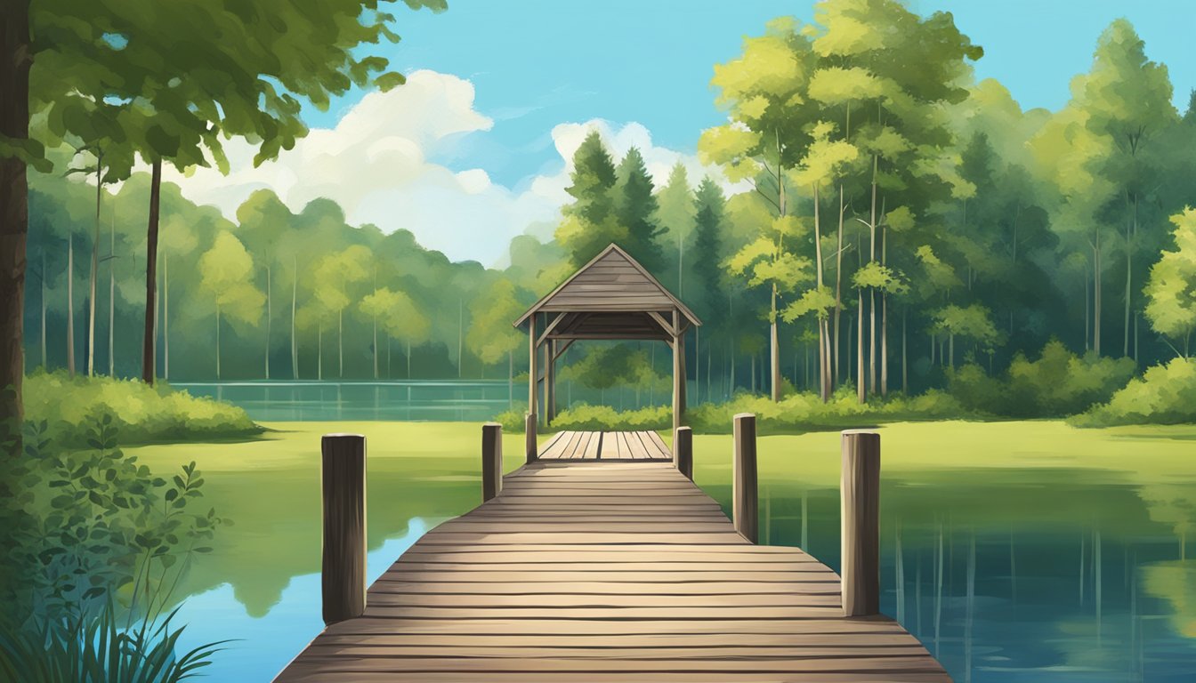 A serene lake with a rustic wooden fishing pier surrounded by lush green trees and a clear blue sky in Wisconsin