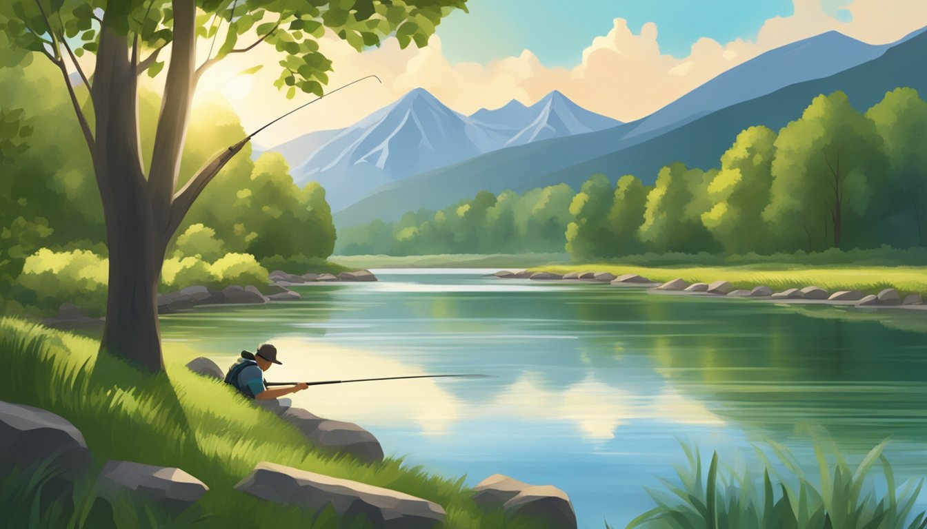 A serene river surrounded by lush green trees, with a fishing rod casting into the water. The sun is shining, and the mountains loom in the background