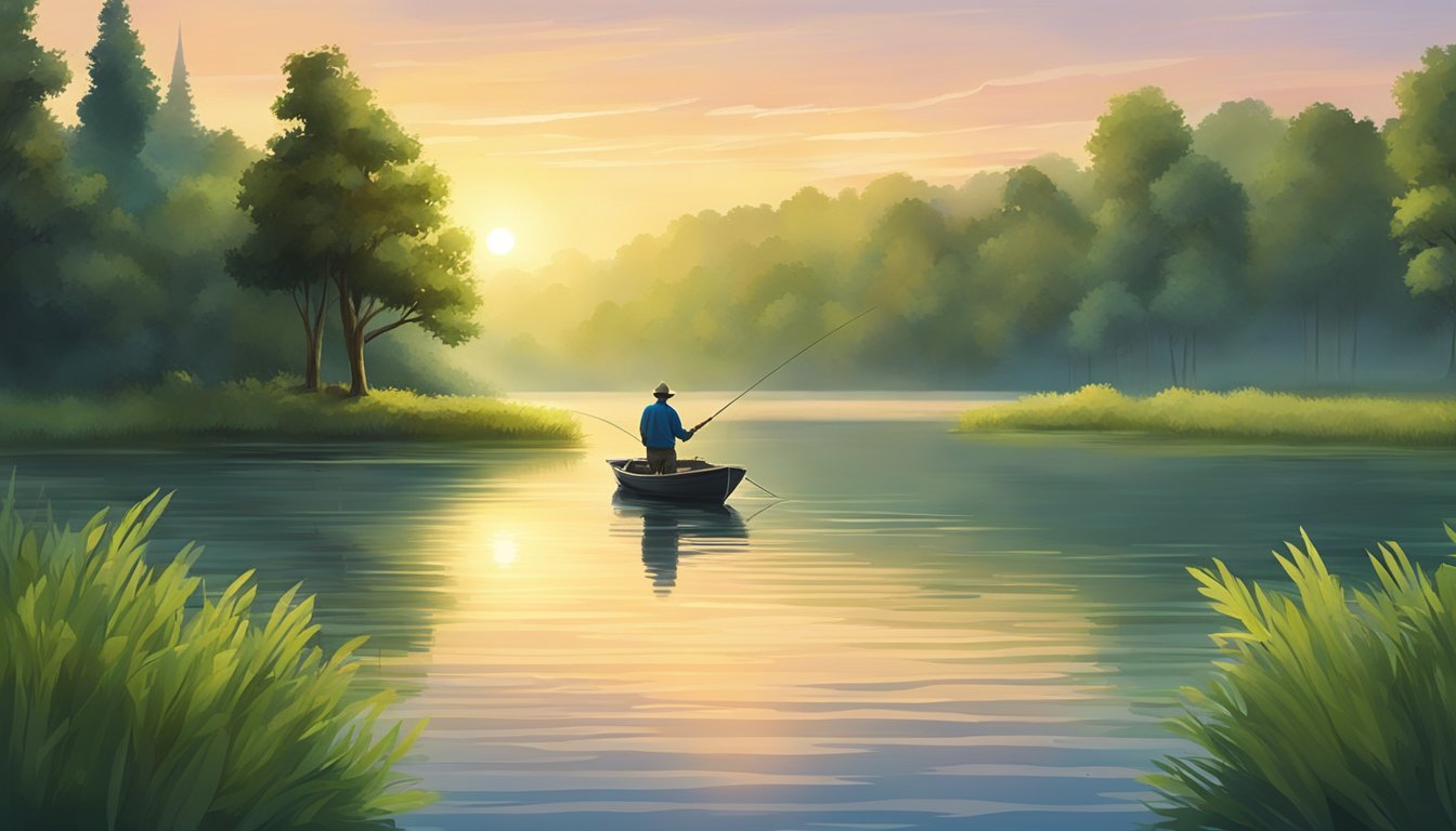 A serene lake with a lone fishing boat surrounded by lush green trees. A fisherman casts his line into the water, the sun setting in the background