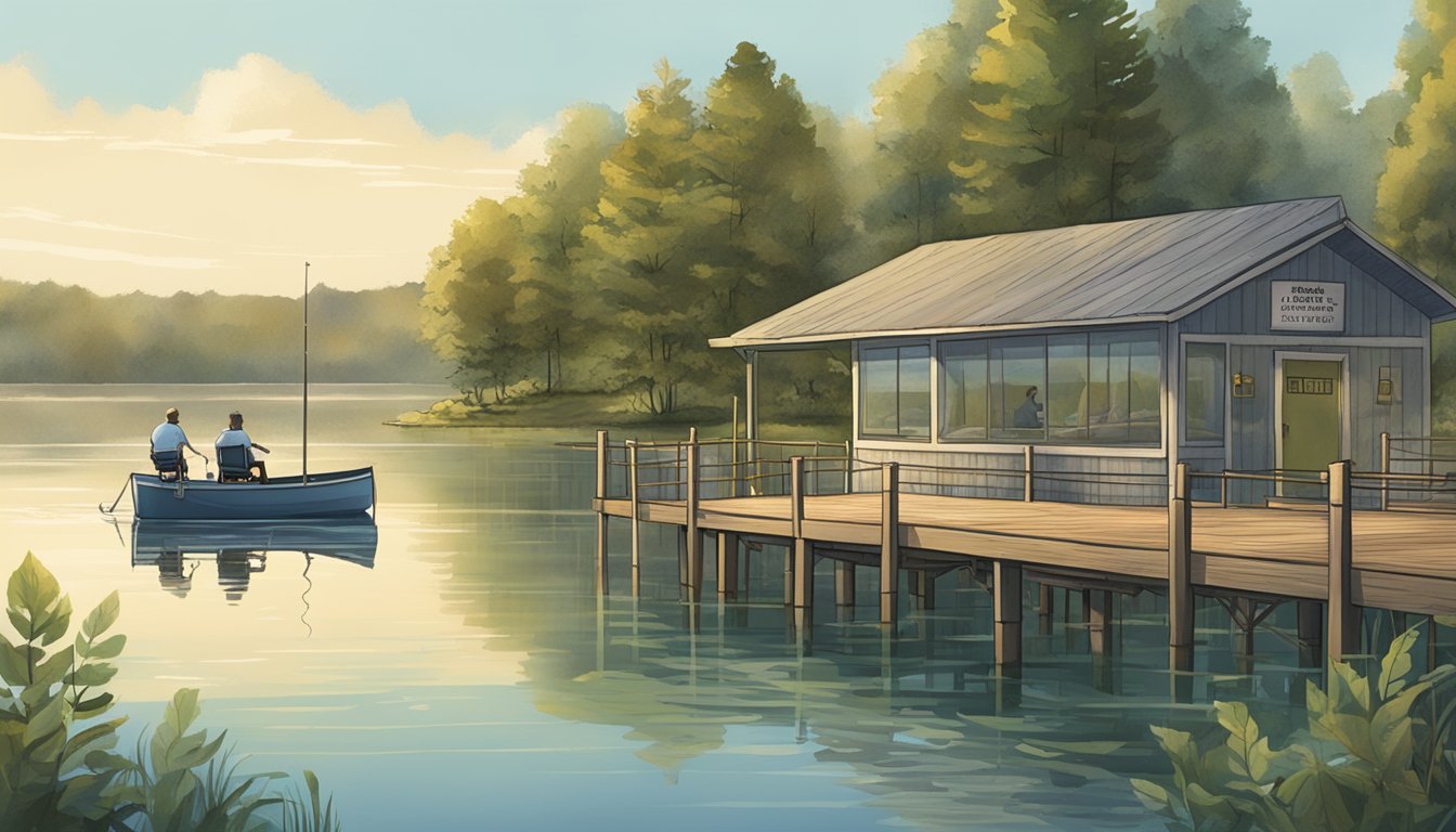 A serene lake in Wisconsin, with a wheelchair-accessible fishing pier and signs promoting ethical fishing practices