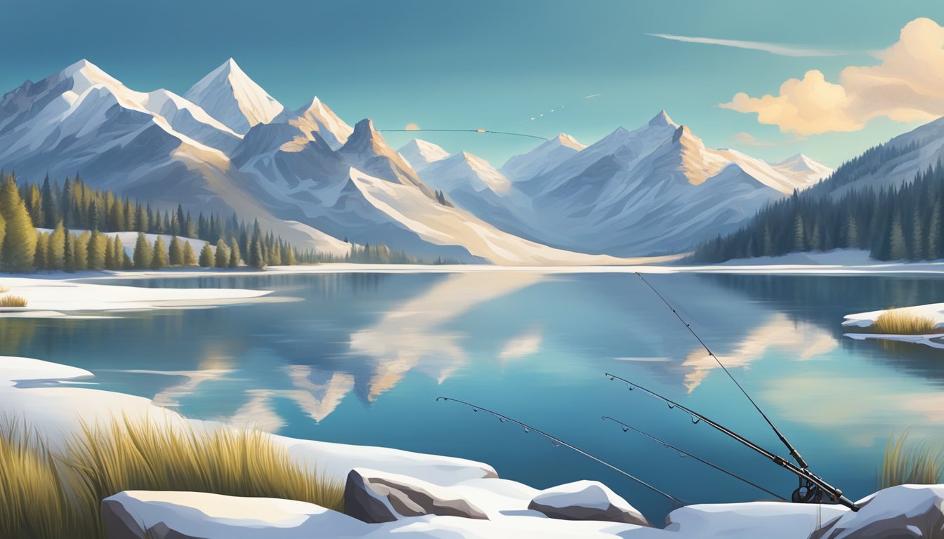 A serene lake surrounded by snow-capped mountains, with a fishing rod casting into the water