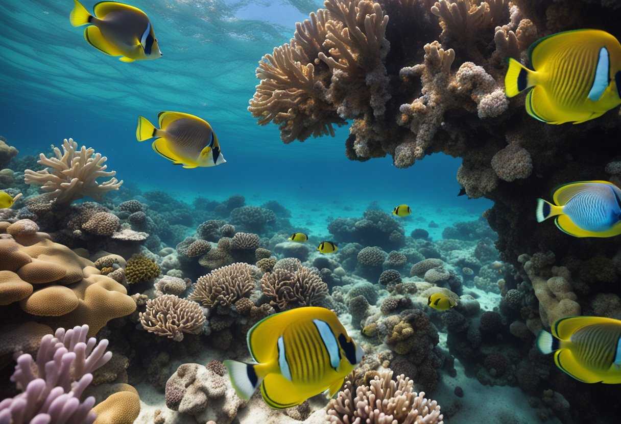 A vibrant underwater scene with colorful coral reefs, tropical fish, and clear blue waters in Hurghada, Egypt