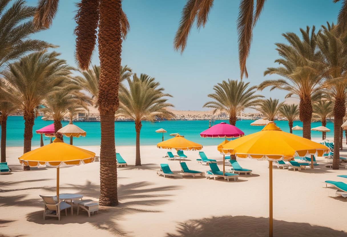 A vibrant beach scene in Hurghada, Egypt with clear turquoise waters, palm trees, and colorful parasols lining the sandy shore