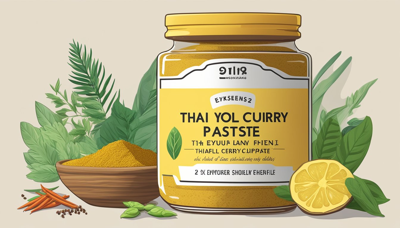 A jar of Thai yellow curry paste sits on a kitchen shelf, surrounded by vibrant spices and herbs. Its label shows the expiration date, emphasizing the importance of understanding its shelf life