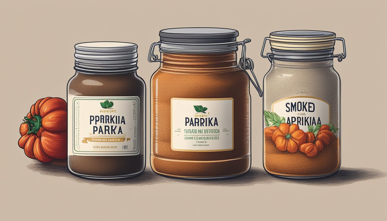 A jar of smoked paprika sits in a dark, dry pantry. The label shows an expiration date, while the lid is tightly sealed