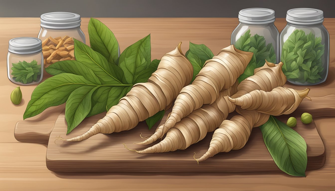 A fresh galangal root sits on a clean, dry cutting board, surrounded by airtight containers for proper storage