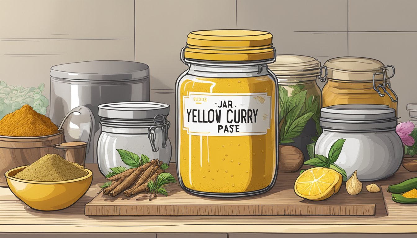 A jar of yellow curry paste sits on a kitchen shelf, surrounded by various spices and ingredients. Its label indicates the expiration date, while a faint aroma of spices lingers in the air