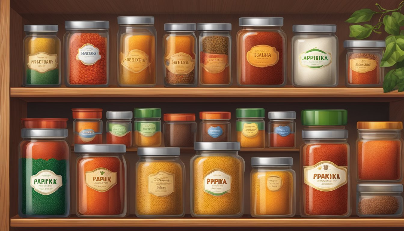 A collection of various paprika jars arranged on a shelf, each labeled with its specific variety and storage needs