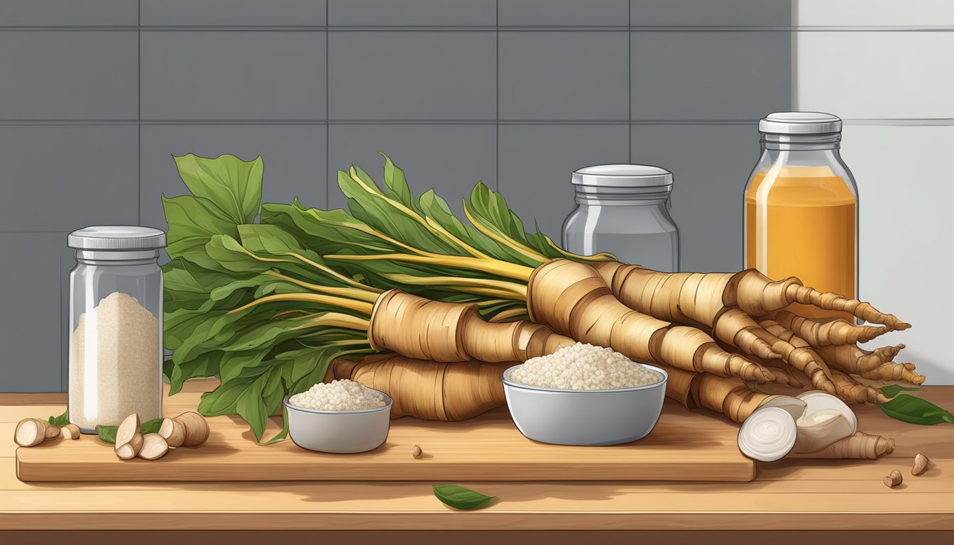 A fresh galangal root sits on a clean, dry cutting board, surrounded by various storage containers and a refrigerator