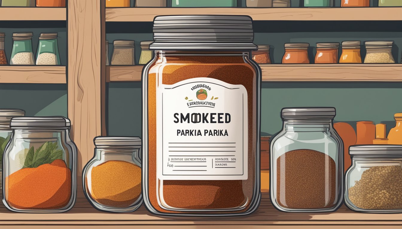 A jar of smoked paprika sits on a shelf, surrounded by various spices. The label indicates the expiration date, and a small note advises on proper storage