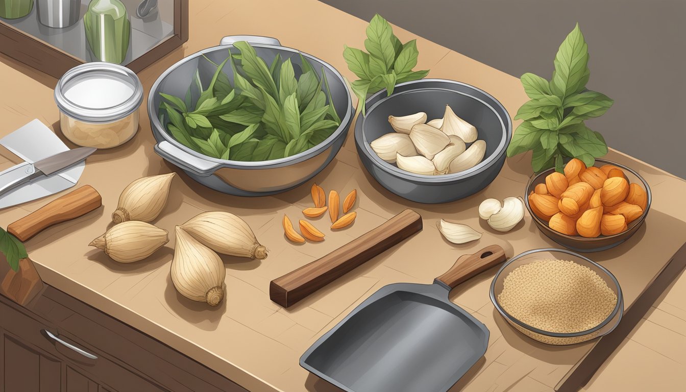 A kitchen counter with fresh galangal root, a cutting board, a sharp knife, and airtight storage containers