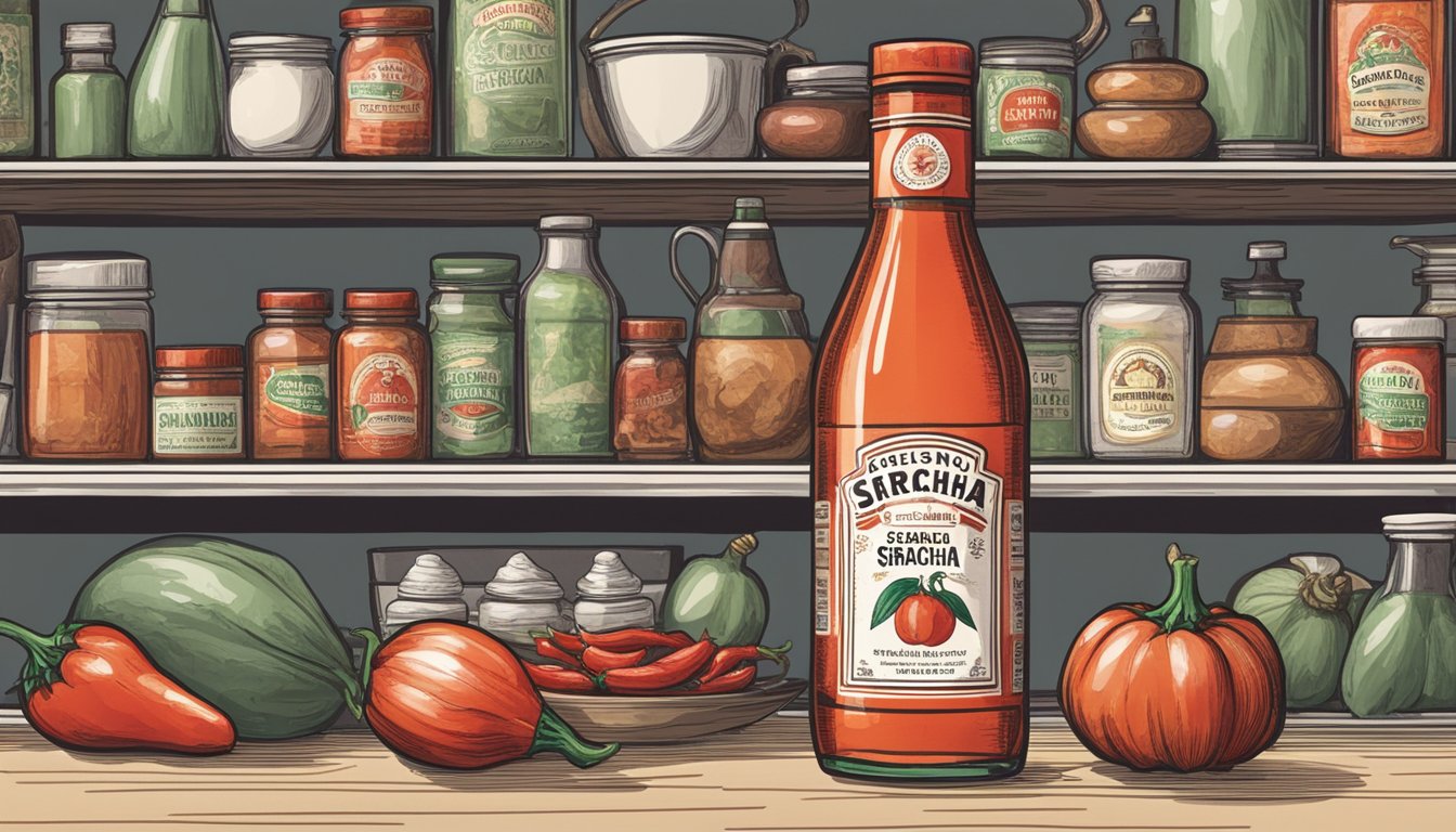 A bottle of Sriracha sits on a kitchen shelf, surrounded by garlic, chili peppers, and vinegar. The label is faded, indicating its age