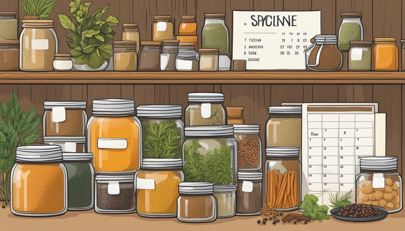 A vibrant array of spices and herbs in jars, alongside a calendar marking the expiration date. A label with storage tips is prominently displayed